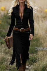 Western-style zippered tassel long-sleeved dress