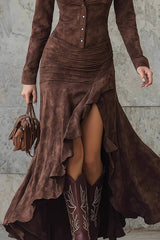 Western-style lapel single-breasted pleated irregular slit long skirt