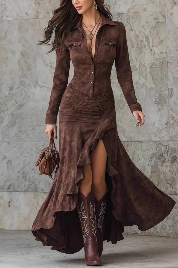 Western-style lapel single-breasted pleated irregular slit long skirt